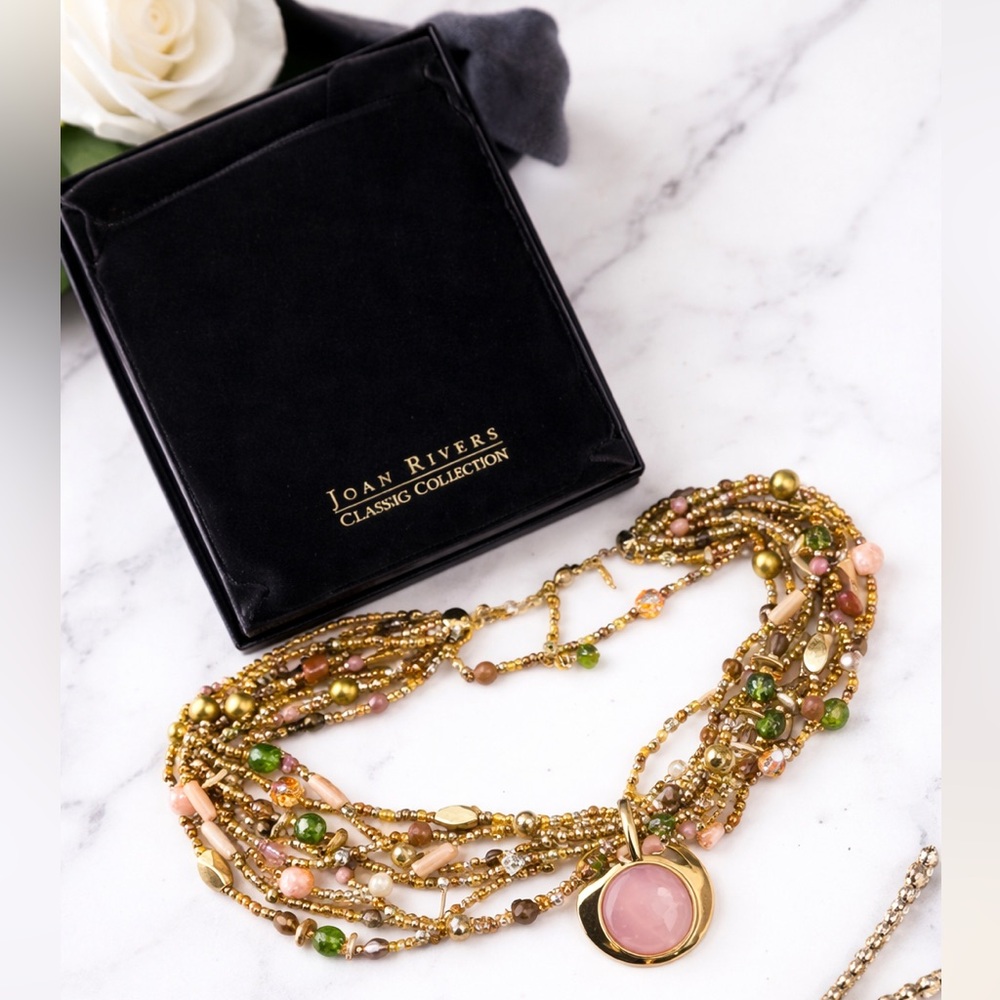 Joan Rivers Multicolor Beaded Necklace Gold Tone Statement Pendant OS Statement